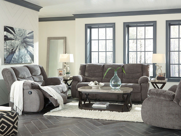 This reclining set puts the win in winning. Its waterfall back design and doubly plump pillow top arms team up with soft chenille fabric to go for the goal. Ample seating room makes the comfort possibilities endless. Sit back and relax. You wonâ€™t go wro