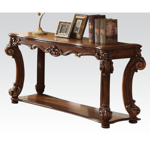 KD, Rectangular Table w/Scrolled Leg and Bottom Shelf â€¢ Top Apron: Scrolled Decor Trim<br/><br/><b>Product Features</b><ul><li>Case: 1Pc/1Ctn</li><li>Finish: Cherry</li><li>Style: Vintage</li><li>Materials: Wood, Poly Resin, Veneer (Wood)</li></ul><br/>