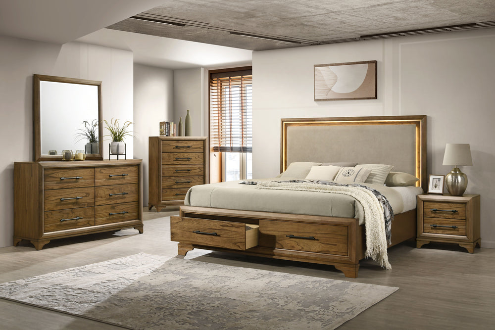 The Talcott 5-piece wood bedroom set, featuring a platform storage bed with a lighted headboard, dresser, mirror, nightstand, and chest in a warm honey brown finish, offers durable, quality construction crafted from solid rubberwood, manufactured woods, a