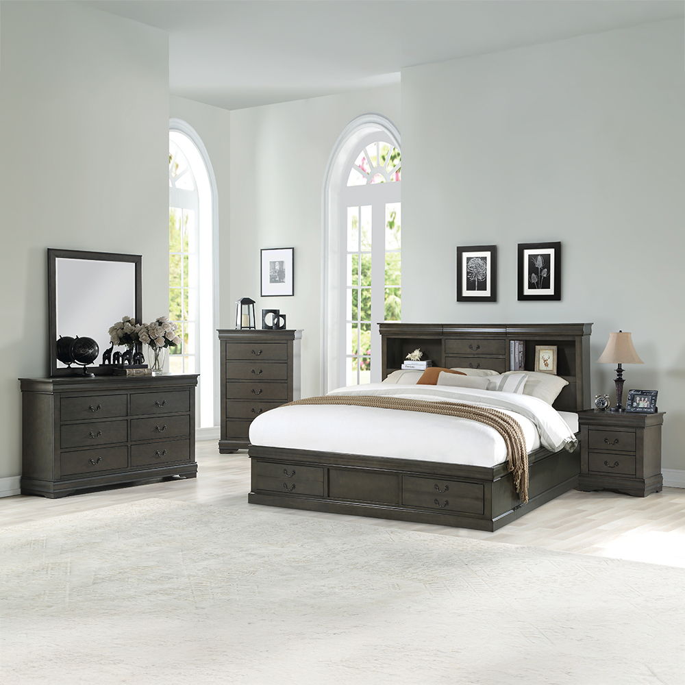 The Louis Philippe III storage bed is exclusively designed and filled with romantic spirit. A piece crafted and inspired by the luxurious designs of the past, this gorgeous bed features a stunning rectangular bookcase headboard and low profile footboard a