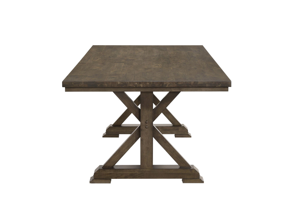 Bring rustic elegance to your dining space with this stunning farmhouse-inspired dining set, designed for both style and functionality. The beautifully crafted table features a robust trestle base, adding character and durability, while its rich wood fini
