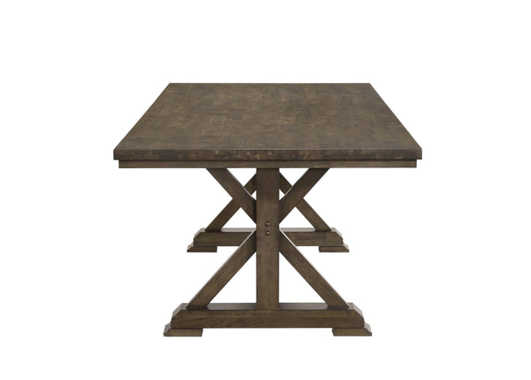  designed for both style and functionality. The beautifully crafted table features a robust trestle base