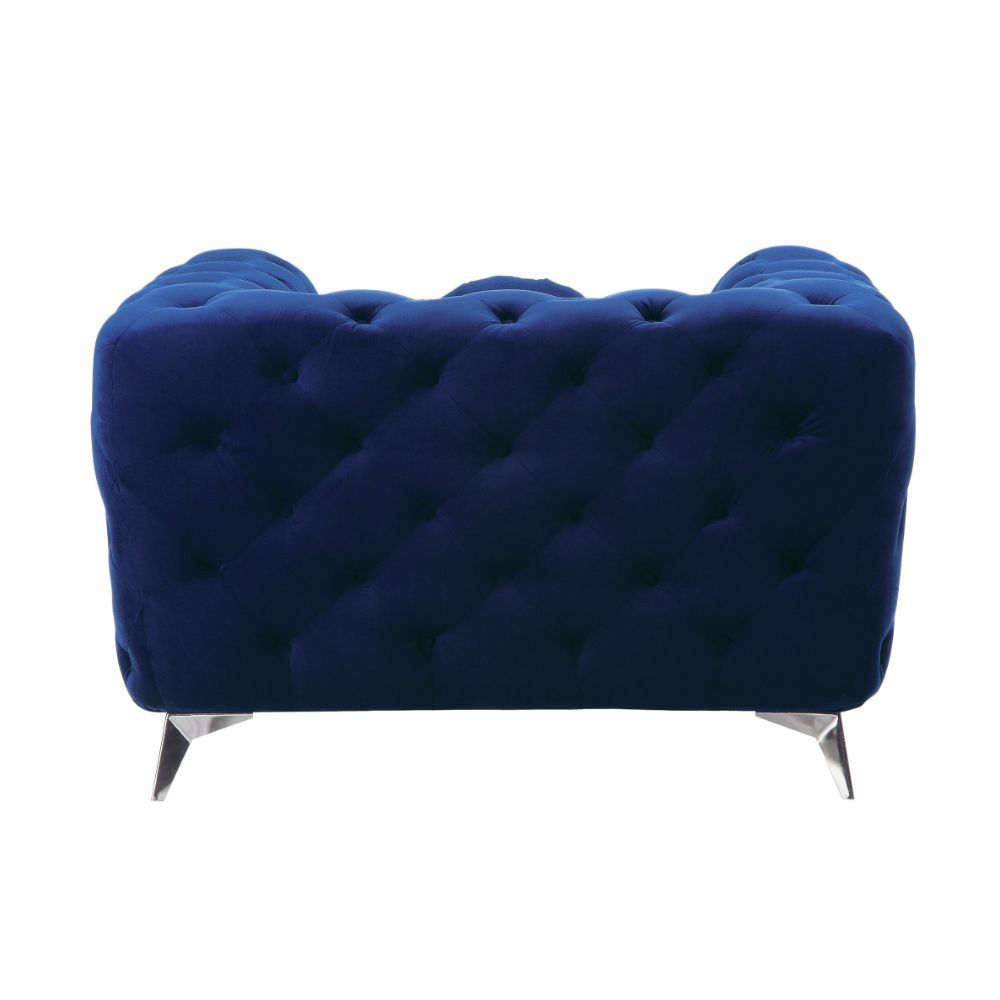 Elegant and eye-catching, the beautiful Atronia chair is the perfect addition to any space. Chic button tuft design with bright blue cover, strength, and beauty guaranteed with sturdy wood frame and chrome legs. This chair is bound to be the conversation 