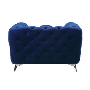  the beautiful Atronia chair is the perfect addition to any space. Chic button tuft design with bright blue cover