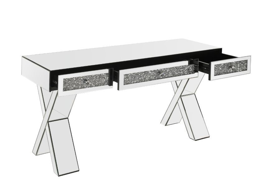 The modern and glam-inspired design makes this writing desk set a truly unique style for your bedroom. The desk boasts a contemporary clear silhouette with criss-crossed legs, while faux diamonds inlay enhances it-'s design elements and infuses your space