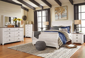 Two-tone finish in white wash replicated worn through paint with authentic touch and a replicated wood grained block pattern with authentic touch. Large scaled shapely bedroom collection features bun feet. Ring pull hardware in an antique brass color, acc
