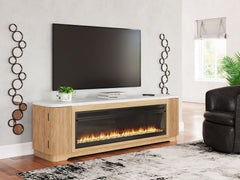 Elegance meets earthy charm in this TV stand with electric fireplace. Crafting a contemporary living room? The faux marble top expertly pairs with the reeded base for a trend-right take on day-to-day function. Open shelving and subtly integrated storage c
