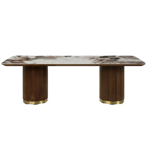 Indulge in the romance of dining with the Willene collection. This exquisite set features a sleek ceramic dining table paired with luxurious upholstered chairs, creating an ambiance of elegance and comfort. Perfect for intimate dinners or lavish gathering