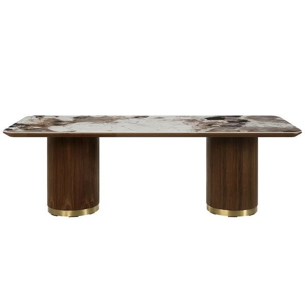 Indulge in the romance of dining with the Willene collection. This exquisite set features a sleek ceramic dining table paired with luxurious upholstered chairs, creating an ambiance of elegance and comfort. Perfect for intimate dinners or lavish gathering