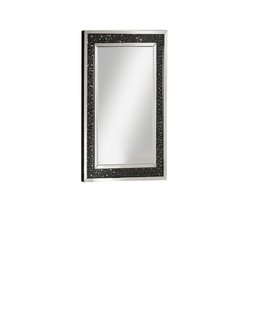 The Noor mirrored wall accent mirror is sure to be the focal point of any room. Dramatically cast with a contrasting black framed background with black crystals. Faceted optic glass crystals adorn the skill layering it with added luxe and brilliance. To c