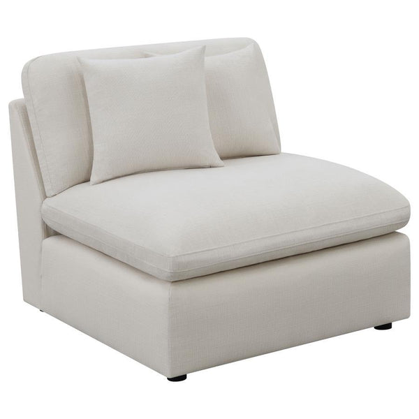 Enjoy the cushioned comfort and style of this armless chair for the den or living room. Upholstered in linen-like, the chair features a plush seat and back for enduring comfort. You-'ll also love the handsome topstitched accents that add style and panache