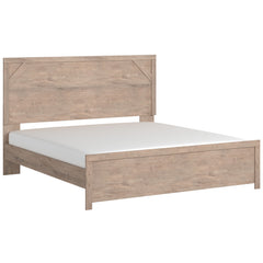 Cool, clean and casually modern. This king panel bedâ€™s light natural finish sets the tone for your calming sanctuary. Framed elements and cross-brace accents add dimension and authenticity to the bedâ€™s simply stunning profile. <h4><b>Senniberg - Light
