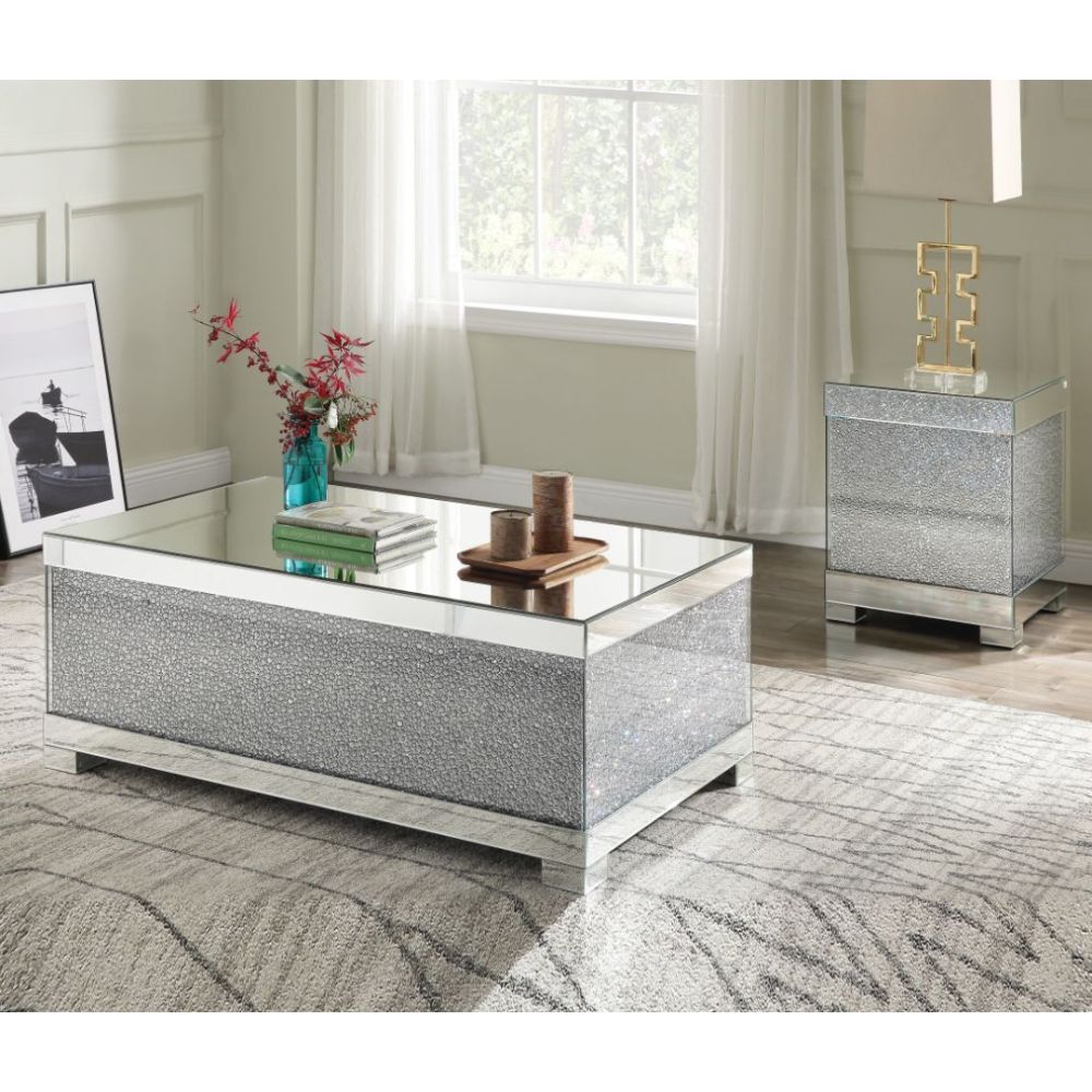 Assembled, Rectangular Coffee Table â€¢ NO Storage â€¢ Features: Mirrored Top, Base w/Faux Crystals & Clear Glass â€¢â€¢ CONSTRUCTION â€¢â€¢ Mirrored Top & Base: Beveled Mirror, MDF â€¢ Case: Faux Crystals, 4mm Clear Tempered Glass, MDF â€¢ Mirrored Squar