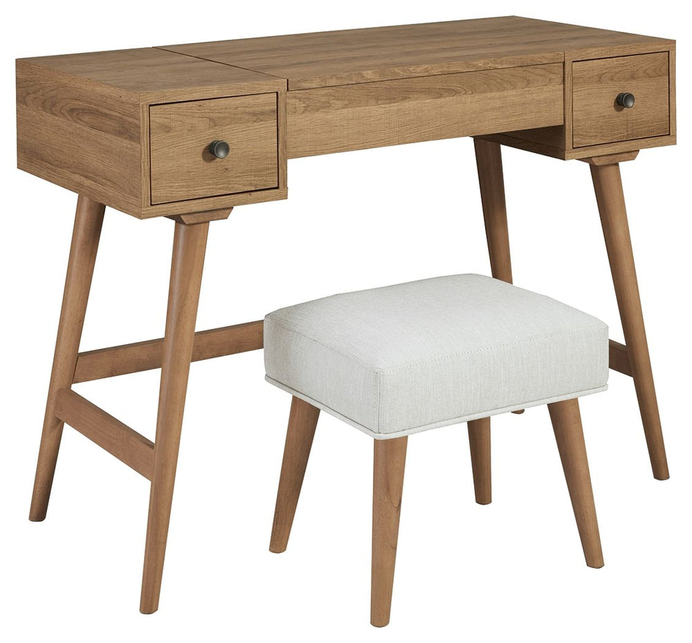 Whether in a teenâ€™s room, master bedroom or dressing area, the mid-century inspired design of this vanity set in light brown is packed with possibilities. The flip-top design makes it doubly handy as a vanity or writing table