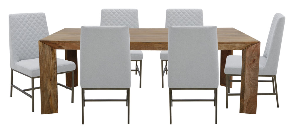 Crafted from solid mango, this table boasts a unique aesthetic with natural variations of color, wood grain, and knots. The geometric mitered edge creates a seamless transition between the table top, apron, and angled legs, and is generously proportioned 