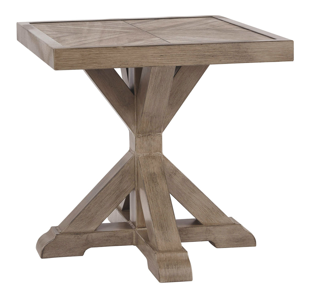 Sporting an easy-on-the-eyes look inspired by driftwood, this end table elevates the art of alfresco living. Beautiful and durable enough for indoor and outdoor use, the high-style/low maintenance table charms with X-leg farmhouse styling, while its thick