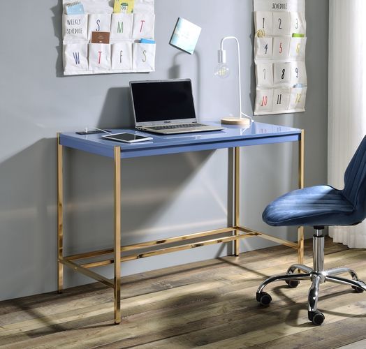 Rectangular Writing Desk No Storage Wooden Top: Navy Blue Finish Metal Base: Gold Finish (Open Base)<br/><br/><b>Product Features</b><ul><li>Rectangular Writing Desk</li><li>No Storage</li><li>Wooden Top: Navy Blue Finish</li><li>Metal Base: Gold Finish (