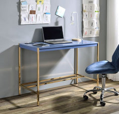 Rectangular Writing Desk No Storage Wooden Top: Navy Blue Finish Metal Base: Gold Finish (Open Base)<br/><br/><b>Product Features</b><ul><li>Rectangular Writing Desk</li><li>No Storage</li><li>Wooden Top: Navy Blue Finish</li><li>Metal Base: Gold Finish (