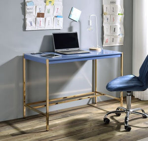Rectangular Writing Desk No Storage Wooden Top: Navy Blue Finish Metal Base: Gold Finish (Open Base)<br/><br/><b>Product Features</b><ul><li>Rectangular Writing Desk</li><li>No Storage</li><li>Wooden Top: Navy Blue Finish</li><li>Metal Base: Gold Finish (