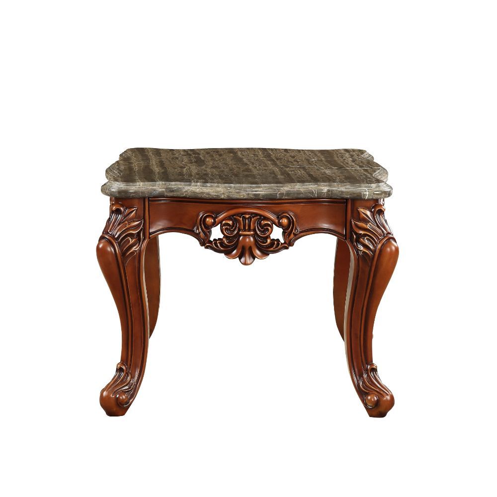 KD, Square Leg End Table â€¢ No Storage (Open Base) â€¢ Scalloped Marble Top â€¢ Wooden Scalloped Apron with Carved Floral Motifs â€¢ Wooden Queen Anne Legs<br/><br/><b>Product Features</b><ul><li>Occasional Table</li><li>No Storage (Open Base)</li><li>Sc