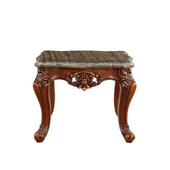 KD, Square Leg End Table â€¢ No Storage (Open Base) â€¢ Scalloped Marble Top â€¢ Wooden Scalloped Apron with Carved Floral Motifs â€¢ Wooden Queen Anne Legs<br/><br/><b>Product Features</b><ul><li>Occasional Table</li><li>No Storage (Open Base)</li><li>Sc
