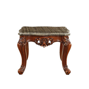 KD, Square Leg End Table â€¢ No Storage (Open Base) â€¢ Scalloped Marble Top â€¢ Wooden Scalloped Apron with Carved Floral Motifs â€¢ Wooden Queen Anne Legs<br/><br/><b>Product Features</b><ul><li>Occasional Table</li><li>No Storage (Open Base)</li><li>Sc