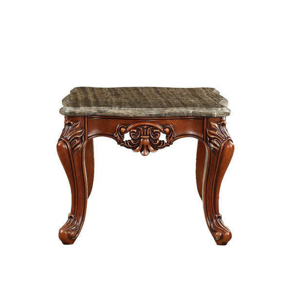 KD, Square Leg End Table â€¢ No Storage (Open Base) â€¢ Scalloped Marble Top â€¢ Wooden Scalloped Apron with Carved Floral Motifs â€¢ Wooden Queen Anne Legs<br/><br/><b>Product Features</b><ul><li>Occasional Table</li><li>No Storage (Open Base)</li><li>Sc