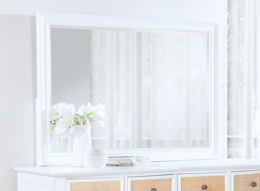 Upgrade the look and feel of your dresser with a modern framed mirror. It mounts directly to your dresser and features a horizontal silhouette perfect for choosing jewelry or fixing your hair in the morning. A white finish graces its stylish molded-style 