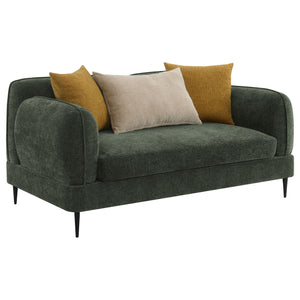 Enhance your living space with the modern elegance of this loveseat, designed to offer style, comfort, and functionality. Its sculpted round shapes and bench waterfall seat cushion provide a harmonious and inviting look, making it a perfect addition to an