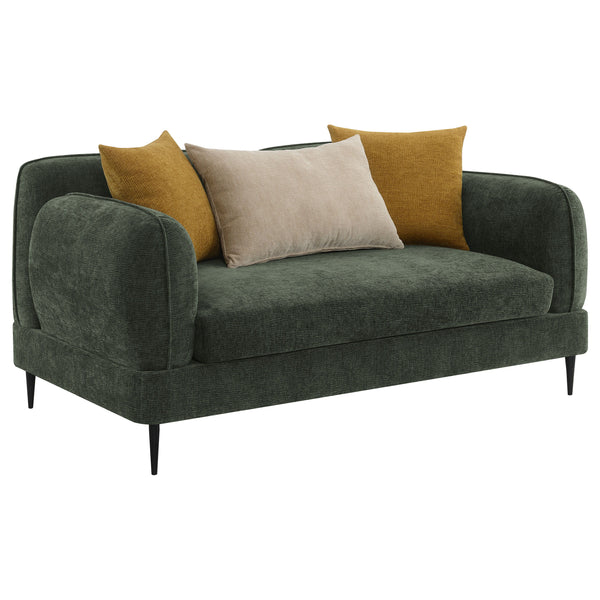 Enhance your living space with the modern elegance of this loveseat, designed to offer style, comfort, and functionality. Its sculpted round shapes and bench waterfall seat cushion provide a harmonious and inviting look, making it a perfect addition to an