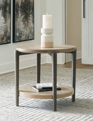 this end table turns display space into an art form. The whitish brown wood-tone finish is right on trend