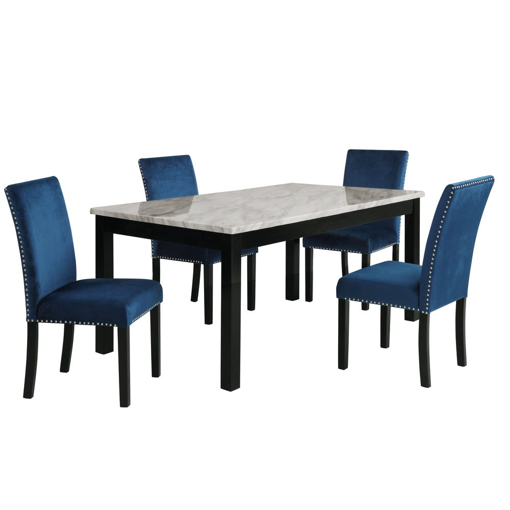 The Celeste 5-Piece Dining Set is a picture of modern luxury and enduring craftsmanship. This set includes a striking 64-inch dining table with an espresso base and a faux marble top, accompanied by four exquisite blue velvet chairs. Crafted from solid Ru