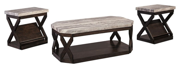 A cool cross of textural elements make this coffee table set with crisscross details a striking choice. Bathed in a polyurethane finish for practicalityâ€™s sake, the faux marble tops are thick and substantial. Magazine shelves seamlessly blend into the e