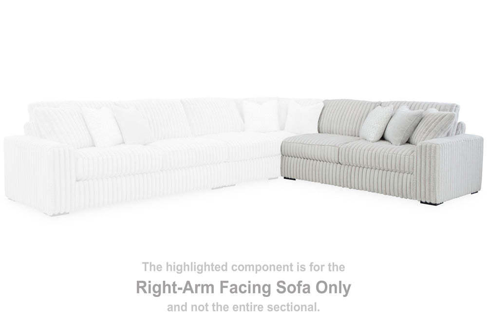 This right-arm facing sofa is made with polyester upholstery. Pairs with other items in the series to make a sectional.<br><br><b>Additional Dimensions</b><br><ul><li>Arm height: 27-"</li><li>Seat depth: 26-"</li><li>Seat height: 24-"</li><li>Top of cushi
