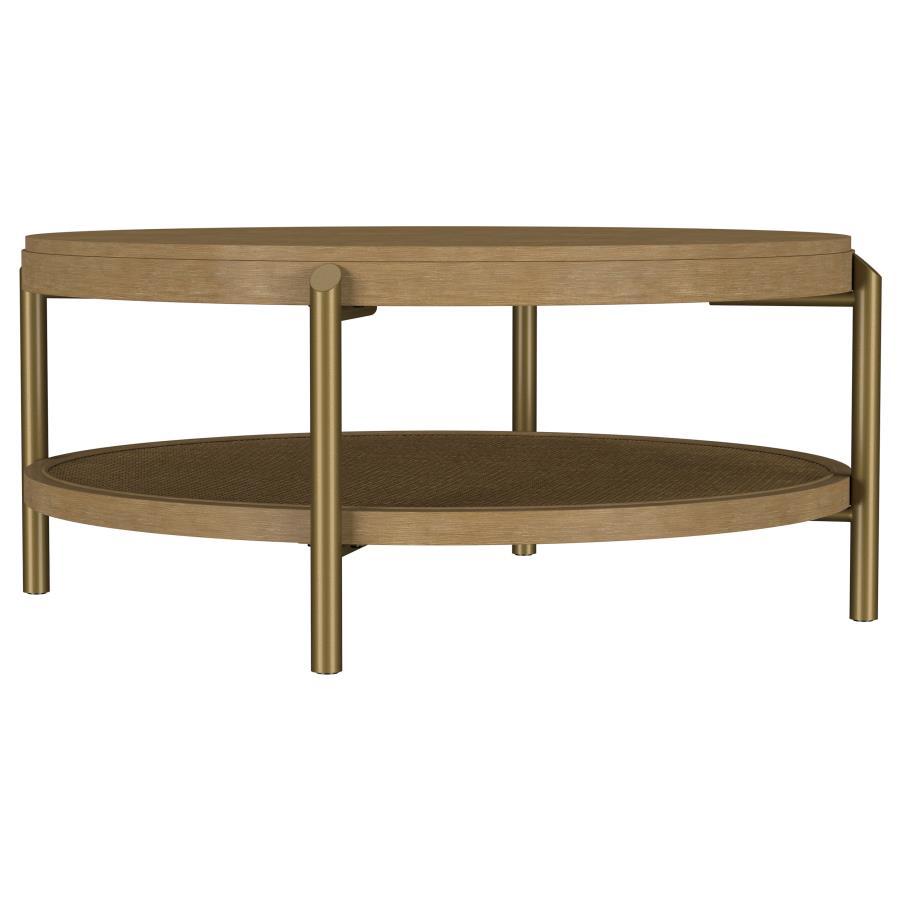 This round coffee table combines modern design with rustic charm, perfect for todayâ€™s living spaces. Crafted with Asian hardwood, engineered wood, and ash veneer, its smooth finish highlights the natural wood grain for an organic appeal. The lower shelf