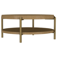 This round coffee table combines modern design with rustic charm, perfect for todayâ€™s living spaces. Crafted with Asian hardwood, engineered wood, and ash veneer, its smooth finish highlights the natural wood grain for an organic appeal. The lower shelf