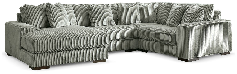 Plush and posh. Showcase your eye for on-trend texture with the statement-making cord upholstery of this sectional with chaise. Its stunningly soft fabric entices in a warm neutral hue, complementing contemporary color palettes. Sink into the cushions and