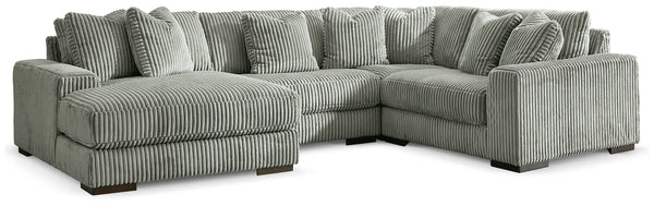 Plush and posh. Showcase your eye for on-trend texture with the statement-making cord upholstery of this sectional with chaise. Its stunningly soft fabric entices in a warm neutral hue, complementing contemporary color palettes. Sink into the cushions and