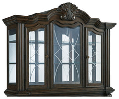 From its ornamental appliques to its large scale, this dining hutch makes a bold statement. With beveled glass windows, LED lighting and a mirrored interior, the opulent piece wows with stunning style. The look is timeless. The feel? Right at home.<br><br