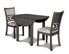 The small space friendly Gia Drop Leaf Dining Table and Chair Set has two 8" drop down leaves that transform this dining table from a 42" round dining set to 24" wide, fitting into compact spaces with ease. The dining table and chair legs are crafted of s