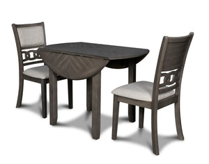 The small space friendly Gia Drop Leaf Dining Table and Chair Set has two 8" drop down leaves that transform this dining table from a 42" round dining set to 24" wide, fitting into compact spaces with ease. The dining table and chair legs are crafted of s