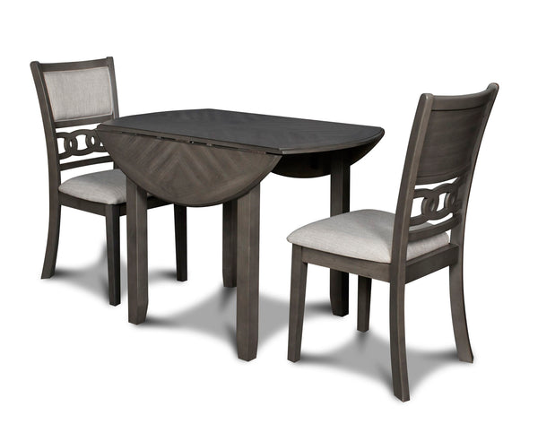 The small space friendly Gia Drop Leaf Dining Table and Chair Set has two 8" drop down leaves that transform this dining table from a 42" round dining set to 24" wide, fitting into compact spaces with ease. The dining table and chair legs are crafted of s