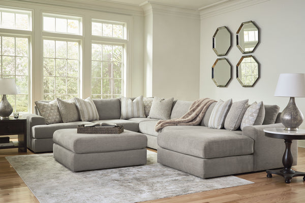 The casual, low-slung shape of this set makes it fully lounge-ready. Its deep seating invites you to sink right in, with bold beveled block arms that are softened by bullnose â€œwaterfallâ€ cushions. Best of all, the modular design lets you stage the pie