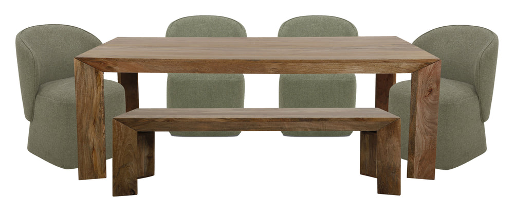 Crafted from solid mango, this table boasts a unique aesthetic with natural variations of color, wood grain, and knots. The geometric mitered edge creates a seamless transition between the table top, apron, and angled legs, and is generously proportioned 