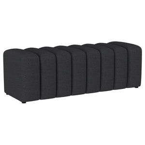 Introduce glam texture and dimension with a decorative upholstered bench. This modern creation features an undulating silhouette without arms or a back, offering sleek style and seating. Perfect for a sophisticated foyer or living room, it adds a pop of c