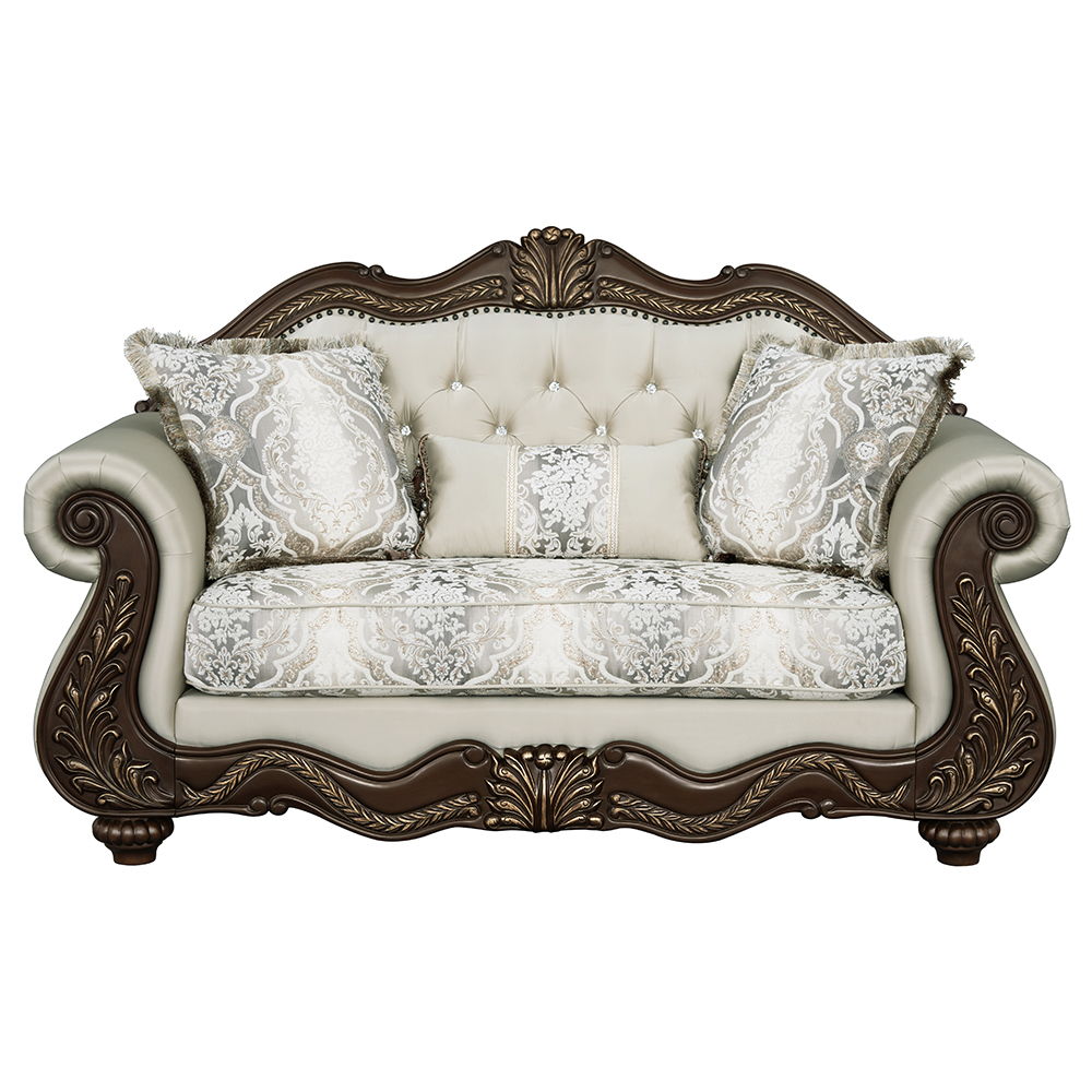Pierce collection sofa set brings timeless elegance to your living space with its beige fabric and cherry finish. The set includes tight back and loose seat cushions with pocket coil construction for ultimate comfort. A wooden inner frame ensures durabili