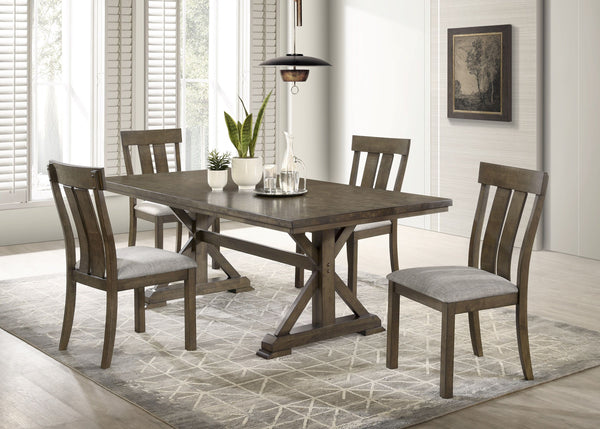 Bring rustic elegance to your dining space with this stunning farmhouse-inspired dining set, designed for both style and functionality. The beautifully crafted table features a robust trestle base, adding character and durability, while its rich wood fini