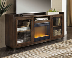 For fans of urban industrial design, this XL TV stand with fireplace insert clearly steals the show. Its blend of acacia veneer and wood is beautified with an oiled walnut-tone finish for a highly contemporary aesthetic with grainy, earthy character. Infu