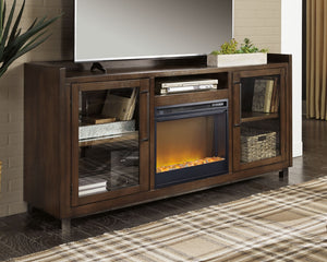 For fans of urban industrial design, this XL TV stand with fireplace insert clearly steals the show. Its blend of acacia veneer and wood is beautified with an oiled walnut-tone finish for a highly contemporary aesthetic with grainy, earthy character. Infu