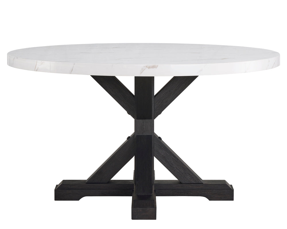 A fresh take on a traditional silhouette makes this group a great addition to your dining space. A faux marble top provides an elegant look while being easy to care for. Farmhouse style cross legs are updated in a contemporary charcoal finish. The upholst